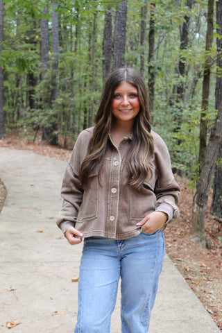 Zenana Acid Wash Fleece Shacket - Mocha