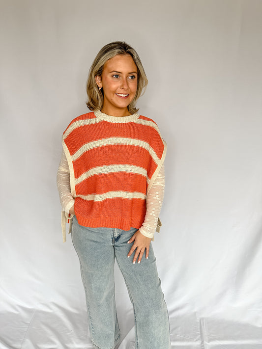 Striped Tied Sweater Vest- Papaya