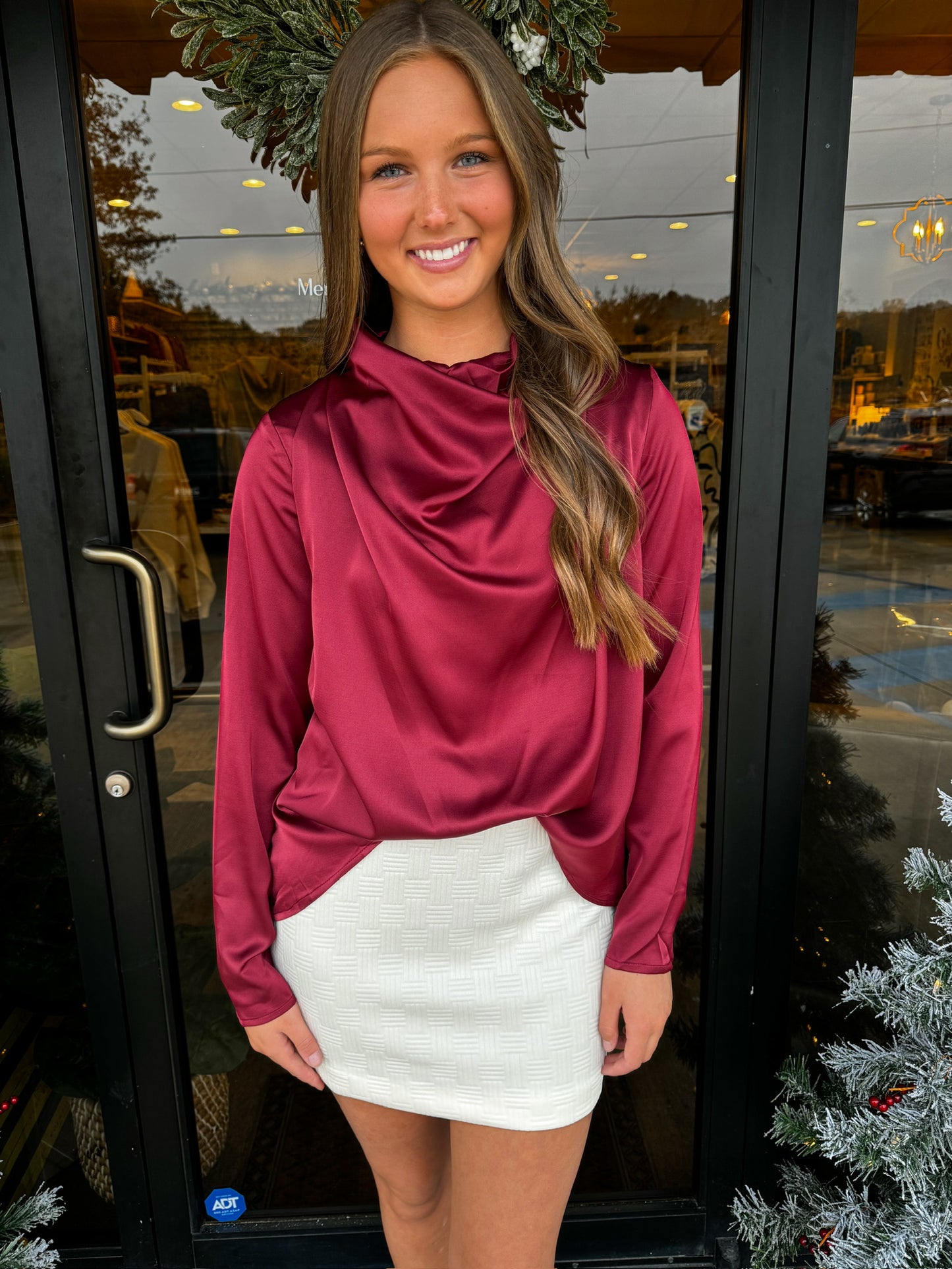 Satin Long Sleeve Top-Burgundy