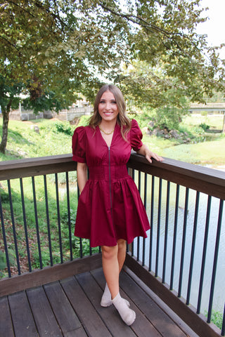 Amiee Puff Sleeve Dress - Burgundy
