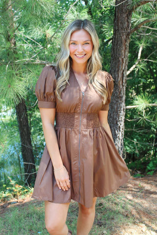 Amiee Puff Sleeve Mini Dress - Brown