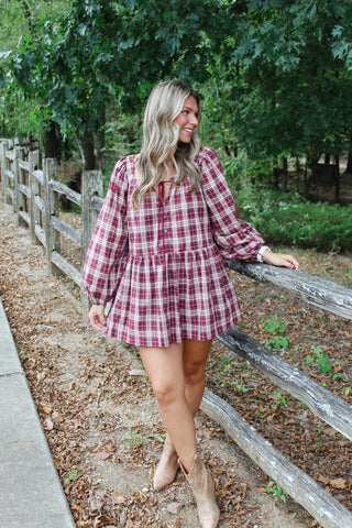 Jana Long Sleeve Plaid Mini Dress - Burgundy