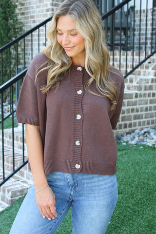 April Short Sleeve Cardigan - Brown