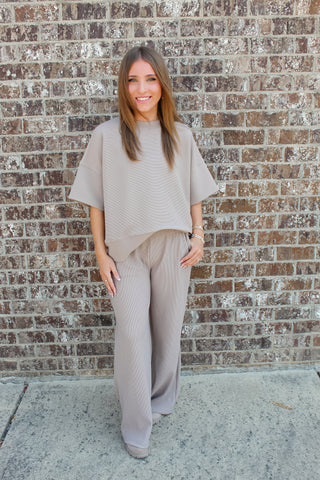 Zenana Ribbed Round Neck Tee Set - Ash Mocha