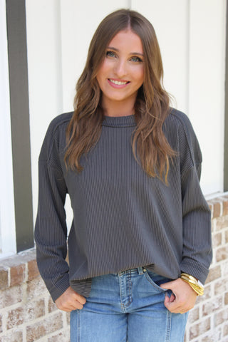 Crew Ribbed Top - Charcoal
