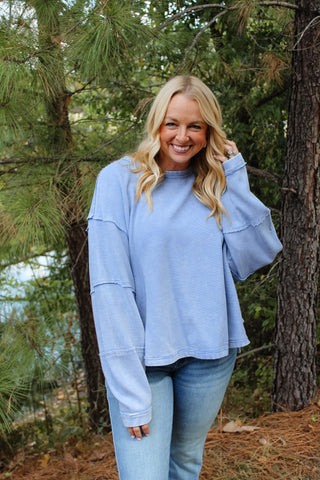 Zenana Acid Washed Ribbed Pullover - Marlin
