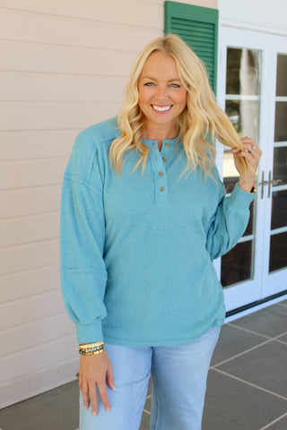 Zenana Ribbed Brushed Melange Henley Sweater - Dusty Teal