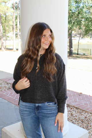 Zenana Brushed Melange Cropped Sweater - Black