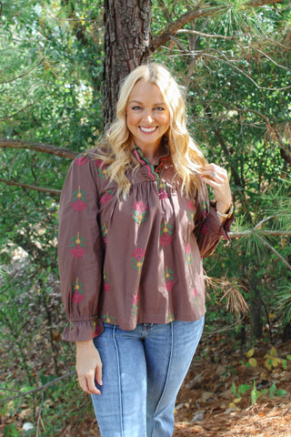 Main Embroidered Top - Brown