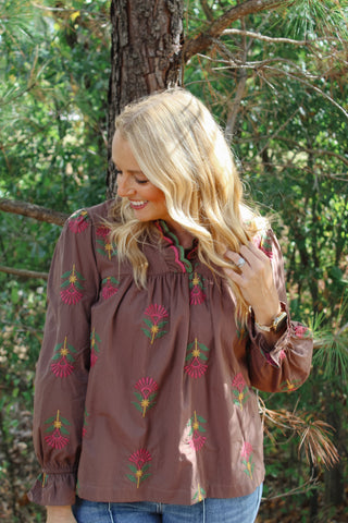 Main Embroidered Top - Brown