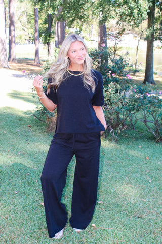 Zenana Slub Short Sleeve Set - Black