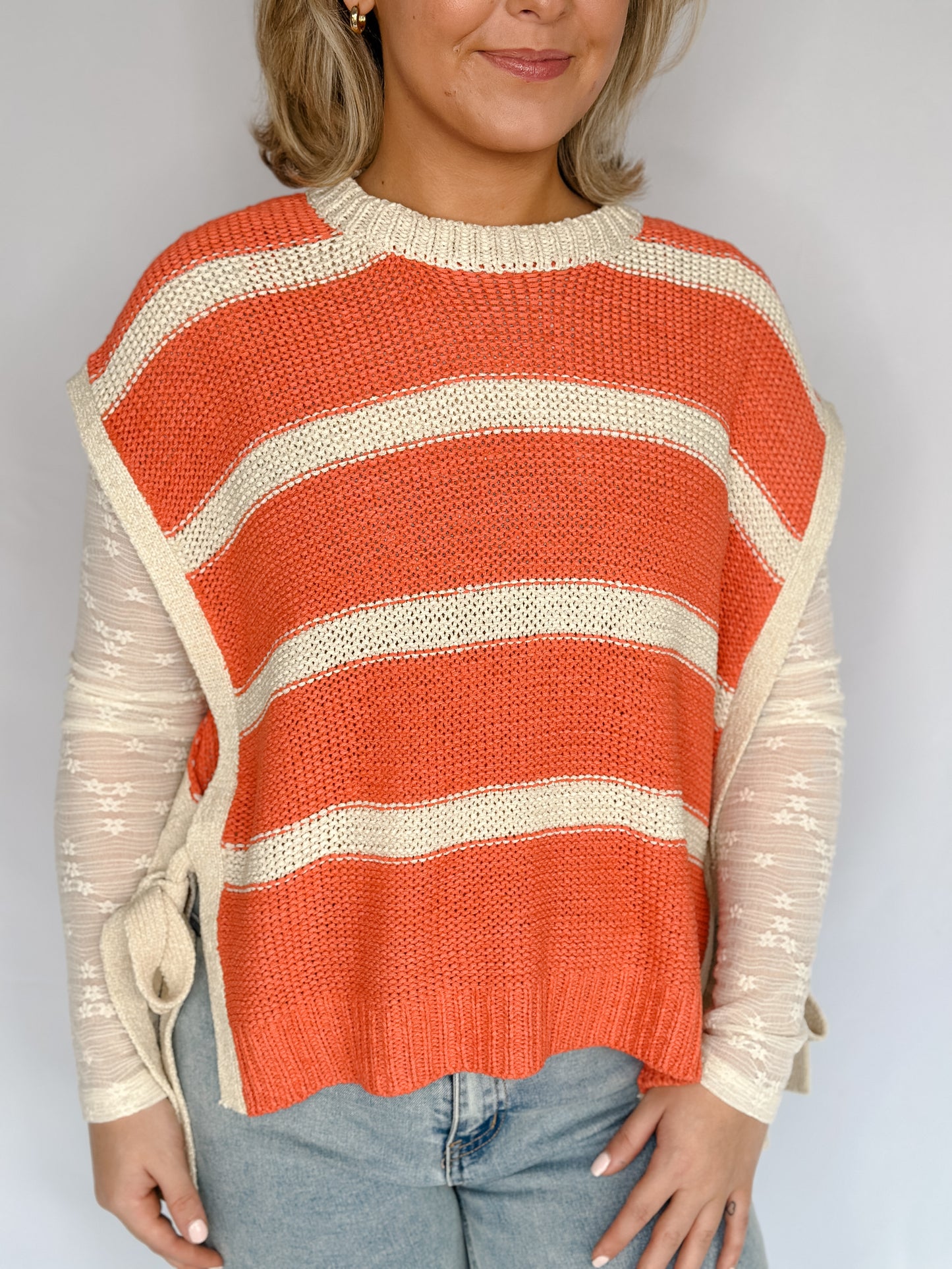 Striped Tied Sweater Vest- Papaya