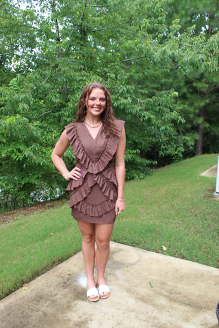 Aspen Ruffle Mini Dress - Brown