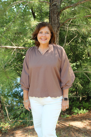 Mallie Textured Scalloped Hem Top - Brown
