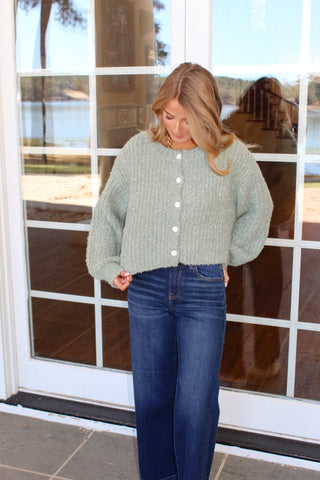 Fluffy Cardigan Sweater - Sage Green