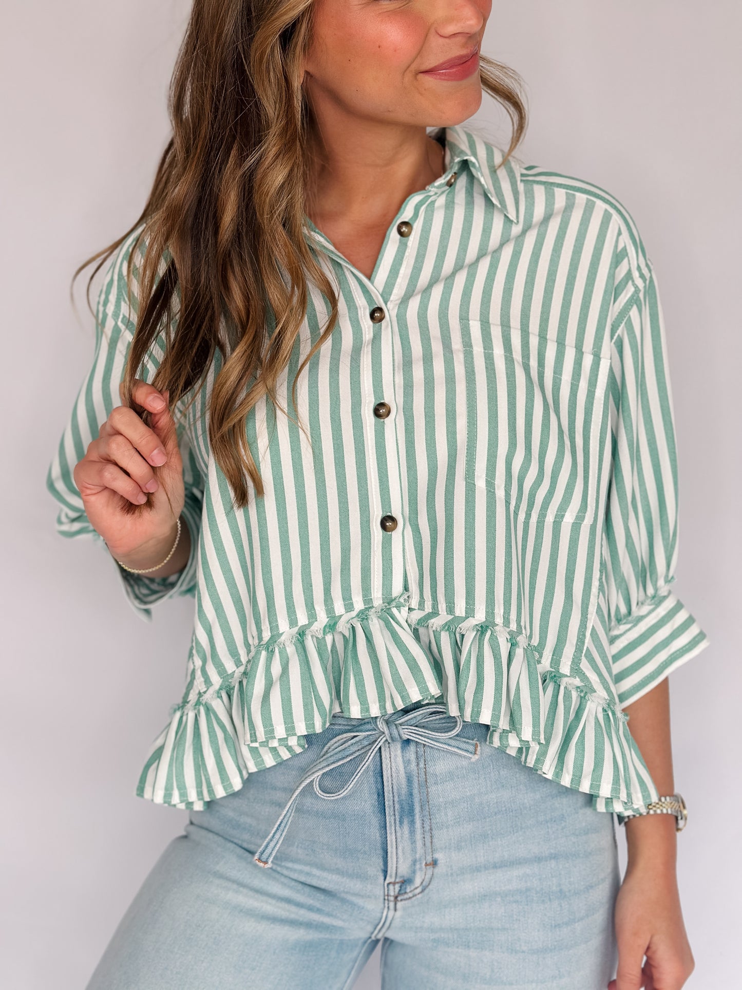 Lauren Ruffle Striped Top- Green