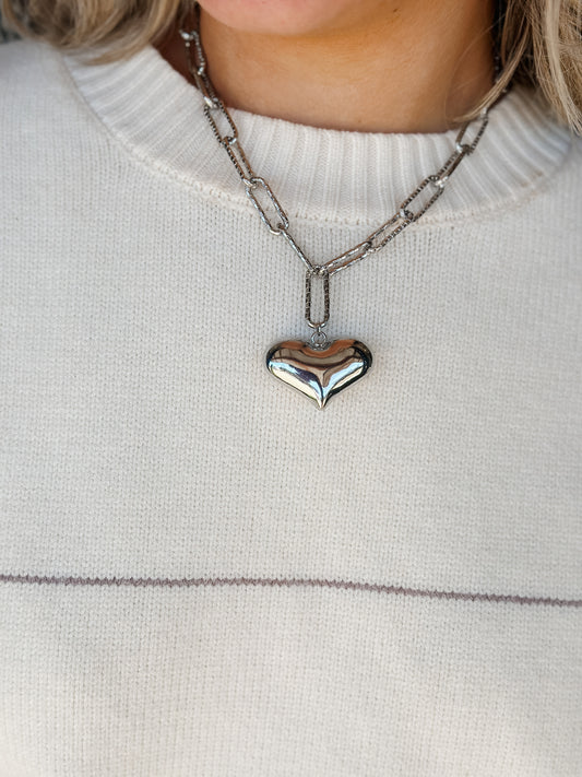 JT Puffy Silver Heart Necklace