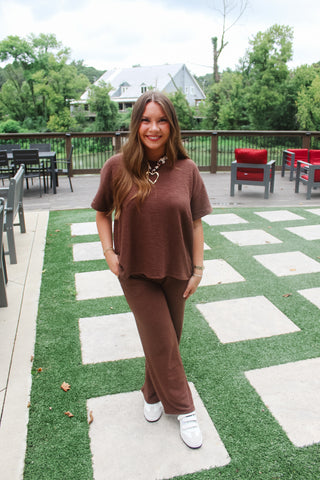 Zenana Slub Short Sleeve Set - Brown