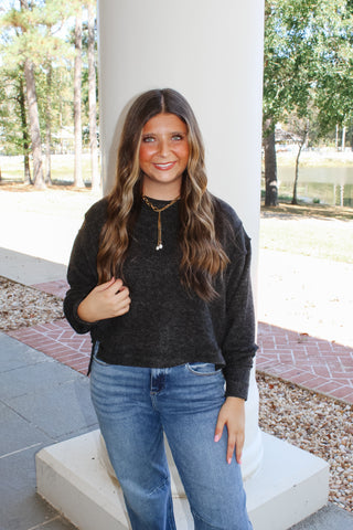 Zenana Brushed Melange Cropped Sweater - Black