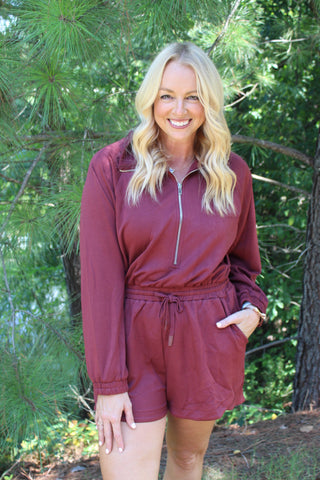 Karli Half Zip Romper - Mahogany