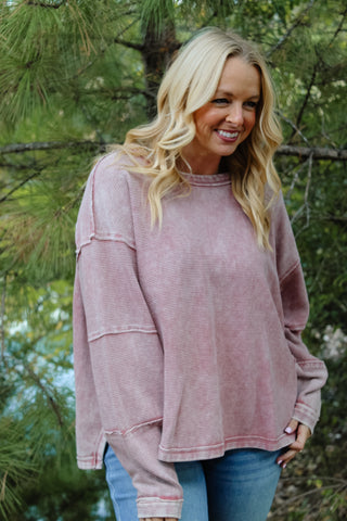 Zenana Acid Washed Ribbed Pullover - Winter Rose