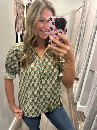 Harper Botanical Print Top - Olive