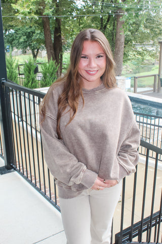 Zenana Acid Wash Fleece Pullover - Mocha