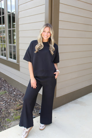 Zenana Ribbed Round Neck Tee Set - Black