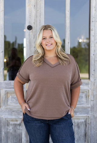 Zenana Corded Ribbed Top - Brown