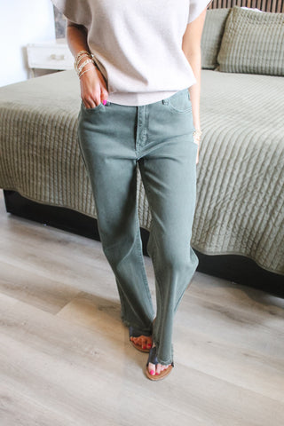 Zenana Acid Washed Bootcut Pants - Dark Olive
