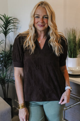 Patricia Embroidered Floral Top - Brown