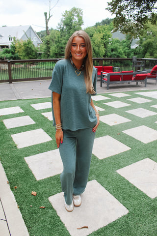 Zenana Slub Short Sleeve Set - Ash Jade