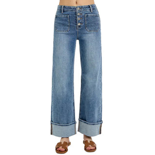 Risen Wide Button Down Cuffed Jeans - Dark Denim