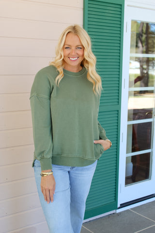 Zenana High Low Fleece Pullover - Light Olive