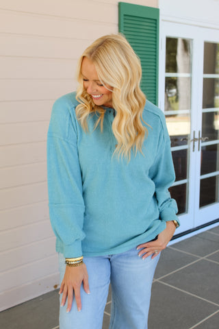 Zenana Ribbed Brushed Melange Henley Sweater - Dusty Teal