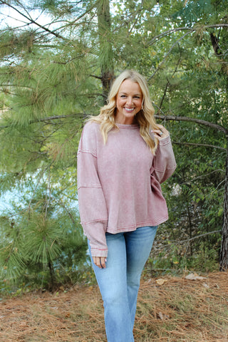 Zenana Acid Washed Ribbed Pullover - Winter Rose