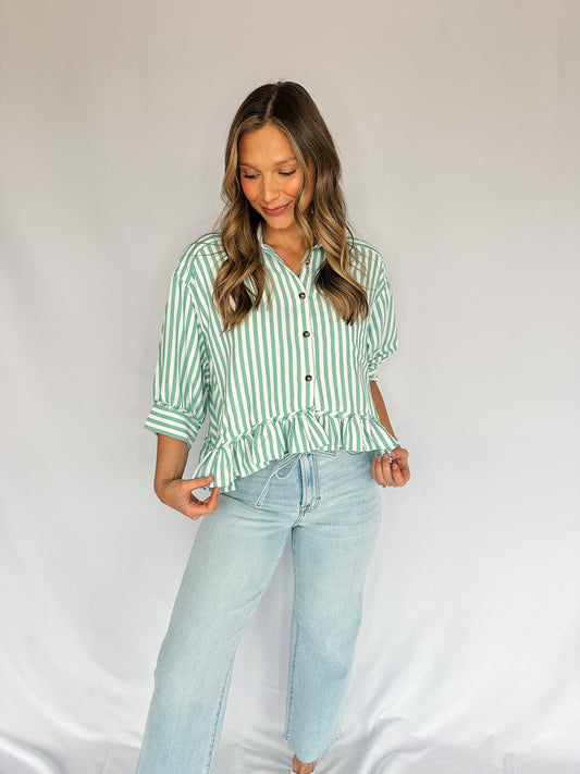 Lauren Ruffle Striped Top- Green