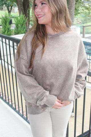 Zenana Acid Wash Fleece Pullover - Mocha