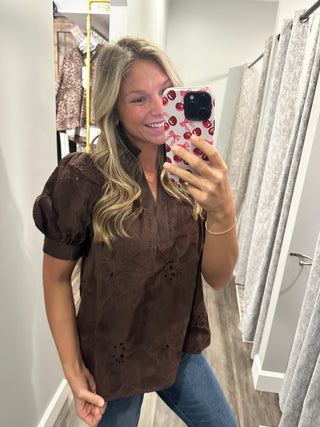 Patricia Embroidered Floral Top - Brown