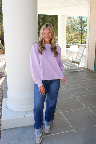 Zenana Acid Washed Ribbed Cropped Pullover - Lavender