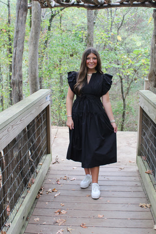 Mary Flutter Sleeve Midi Dress - Black