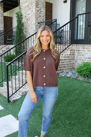 April Short Sleeve Cardigan - Brown