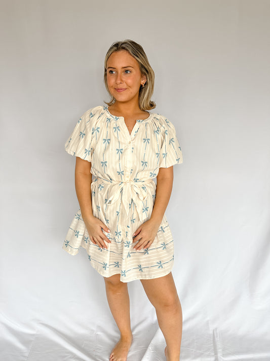 Tara Bow Button Down Dress - Blue