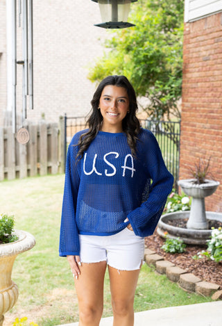 USA Embroidered Crotchet Top - Navy
