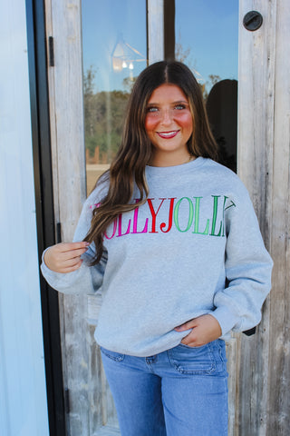 Holly Jolly Embroidery Sweatshirt - Heather Grey
