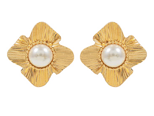 Gold Textured Flower Petals Pearl Earring