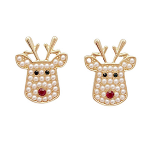 Christmas Pave Pearl Rudolph Face Metal Earrings