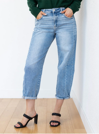 Risen High Rise Barrel Jeans - Medium Wash