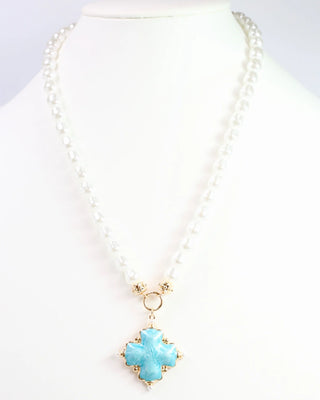 Edie Enamel Cross and Pearl Necklace - Turquoise
